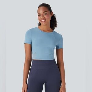Halara Blue Round Neck Short Sleeve Contrast Mesh Cropped Yoga Top-Small NWT
